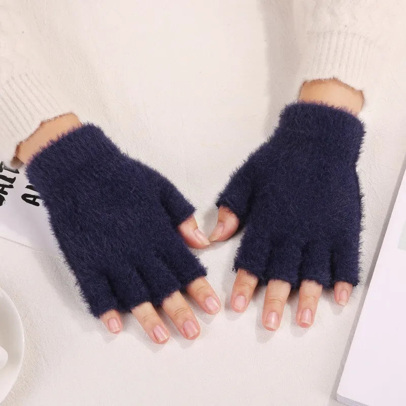 Fuzzy Gloves Women Winter Soft Warm Fashion Writing Gloves Office Typing Student Solid-Color Minimalist Ladies Half-Finger Glove