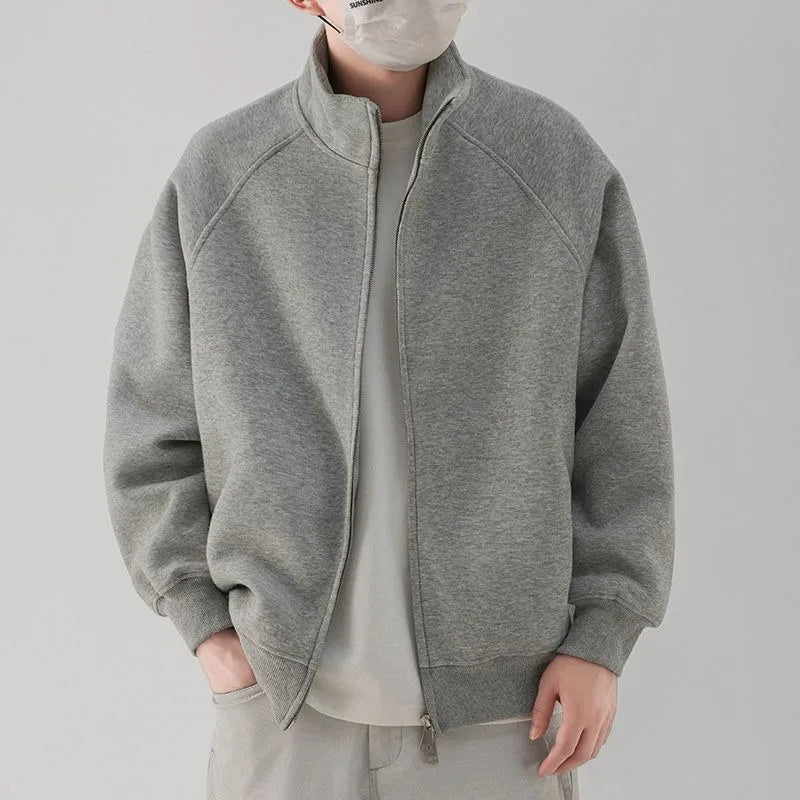 Solid Color Stand Collar Zipper New Sports Men's Loose Casual Versatile Jacket Cardigan Sweater