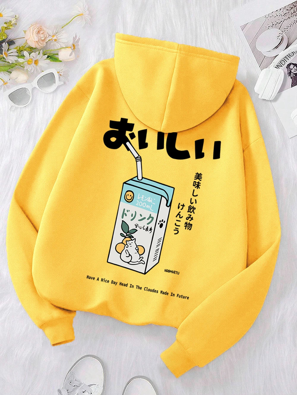 Kawaii Japanese Harajuku Cat Print Hoodie Men Women Fashion Loose Hoody O-Neck Casual New Sweatshirt Pocket Fleece Couple Hoody
