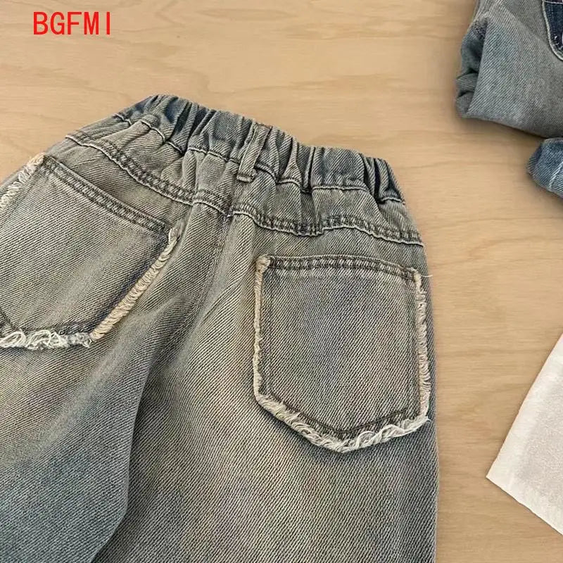 Kids Jeans Fashion Cartoon Ripped Denim Pants Jeans for Girls and Boys Korean Children Clothes Wide Leg Pants 2-10 Y Bottom Part