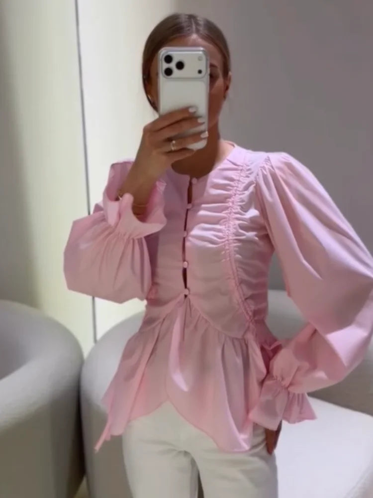 Women's Shirt Flare Sleeve Single Breasted Ruffle Hem Solid Female Shirts 2026 Fashion Spring Summer 2026 Elegant Cropped Tops
