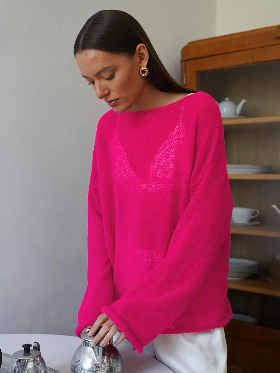 Spring Summer Hollow Knitted Oversized Sweater T Shirt Round Neck Long Sleeves Tops Loose Elegant Pullover for Women Clothing