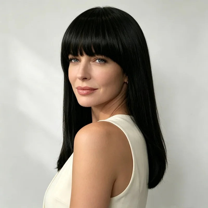 1pcs Women'S Wig With Bangs Medium Length Straight Hair Fashionable Outdoor Travel Simulation Head-Wearing Synthetic Wig