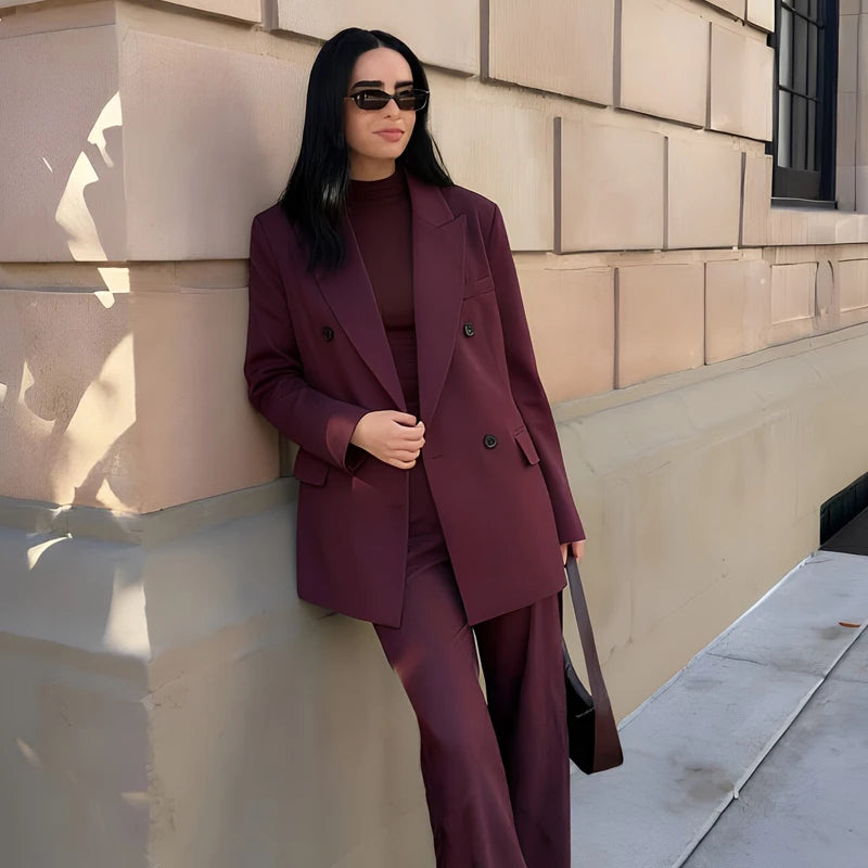 HXAO Burgundy Jacket Blazers Women's Long Sleeve Suit Jacket Office Wear Double-Breasted Long Blazer Woman Chic Oversized Blazer