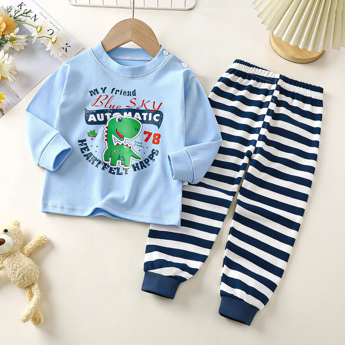 Boys Girls Autumn Pure Cotton Pajamas Kids Cartoon Print Long Sleeve T-Shirt Tops + Pants Pyjamas Baby Underwear Clothing Sets