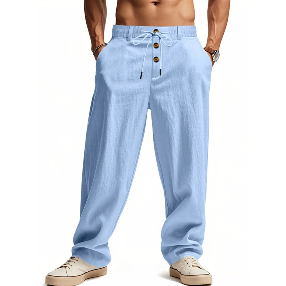 Autumn New Men's Cotton Pants Solid Color Button Drawstring Design Casual Loose Fit Cozy Trousers Simple Style Long Pants