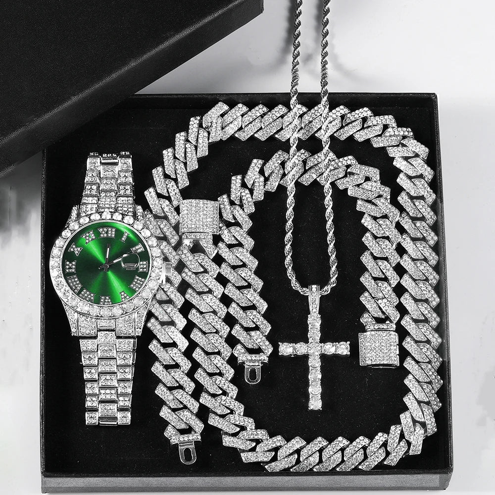 Hip Hop Men's Watch Jewelry Gift Set Glitter Silver Quartz Watch with Cross Pendant Necklace Street Punk Luxury Party Accessory
