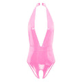 Women Wet Look Patent Leather Bodysuit Sexy Halter Deep V Neck Open Crotch Leotard Backless Sleeveless Catsuit Jumpsuit Clubwear