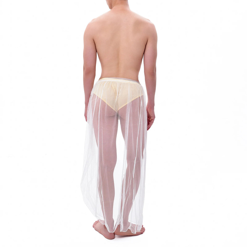 Men Pajamas Sexy Mesh Sleep Bottoms Man See Through Long Sleepwear Culottes Transparent Side Spilt Nightdress