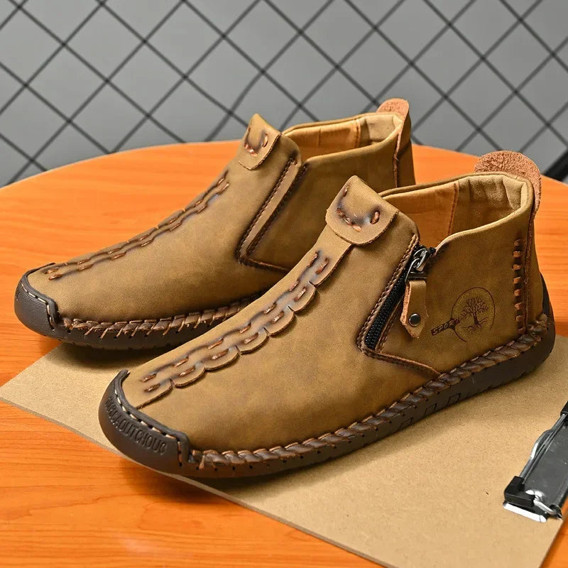 Men Boots Handmade Casual Ankle Boats for Man Male Hombres Walking Shoe Breathable Hombres Leather Wide Upright Zipper Shoes
