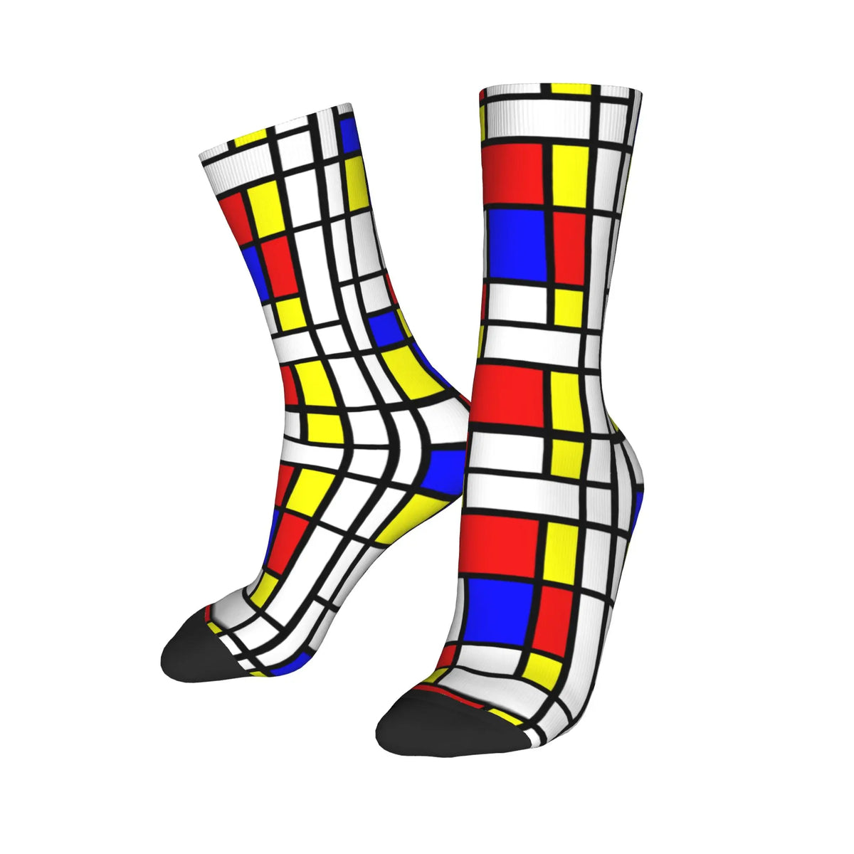 Custom Color Art Retro Mondrian Men Women Crew Socks Unisex Fashion 3D Printed Abstract Art Plaid Dress Socks