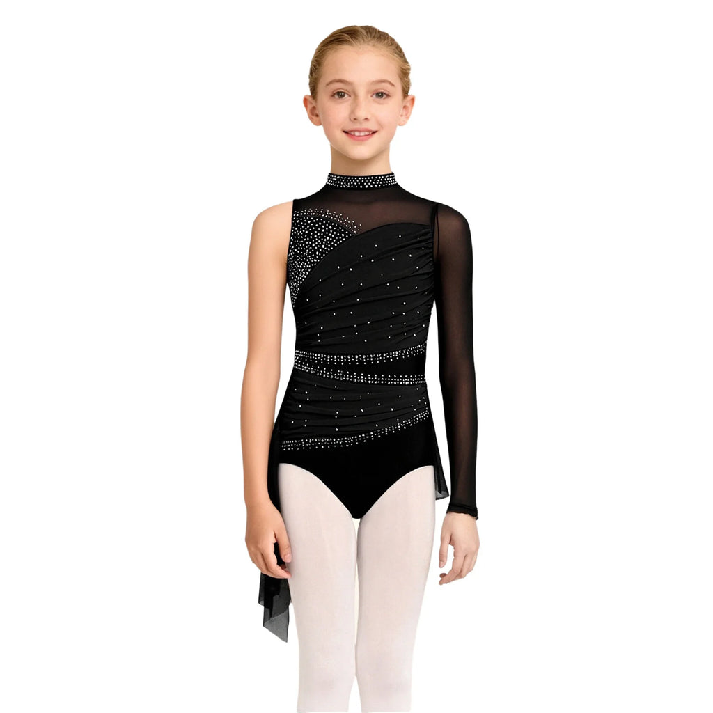 Kids Girls Lyrical Dance Dress Sleeveless Sheer Mesh Patchwork High-Low Hem Ruched Shiny Rhinestone Leotard Dress Ballet Dresses