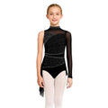Kids Girls Lyrical Dance Dress Sleeveless Sheer Mesh Patchwork High-Low Hem Ruched Shiny Rhinestone Leotard Dress Ballet Dresses