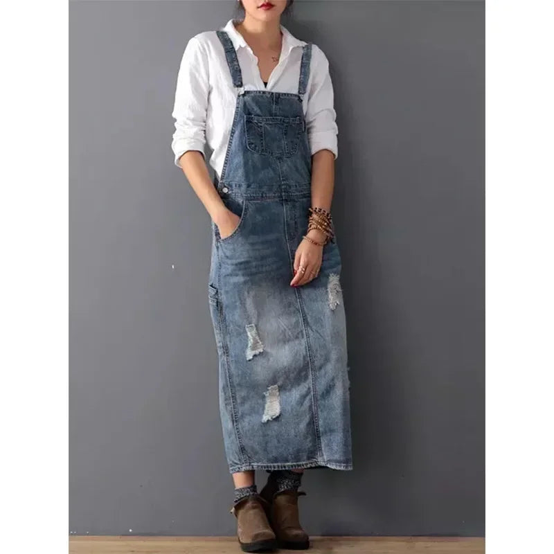 Women Denim Dresses Suspender Sleeveless Strap Straight Long Skirts Romper Loose Jumpsuit Overalls Jeans Dresses 2024 Vestidos