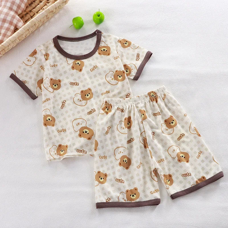 2024 New Boys Girls Summer Thin Clothing Sets Kids Cute Cartoon Print Short Sleeve T-Shirt Tops with Shorts Toddler Baby Pajamas