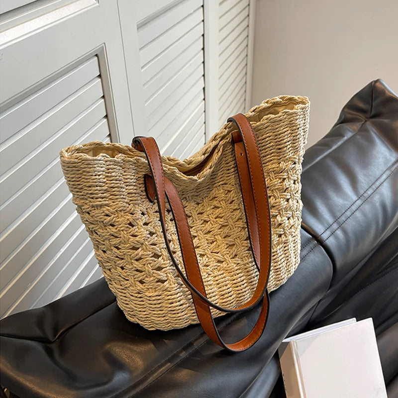Designer Casual Rattan Wicker Tote Bag Large Capacity Woven Women's Summer Beach Straw Handbag Lady Travel Big Basket