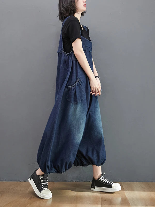 Loose Fit Denim Overalls Women's Summer 2026 Faion plus Size Lantern Leg One-Piece Pants High Waist Long Trousers