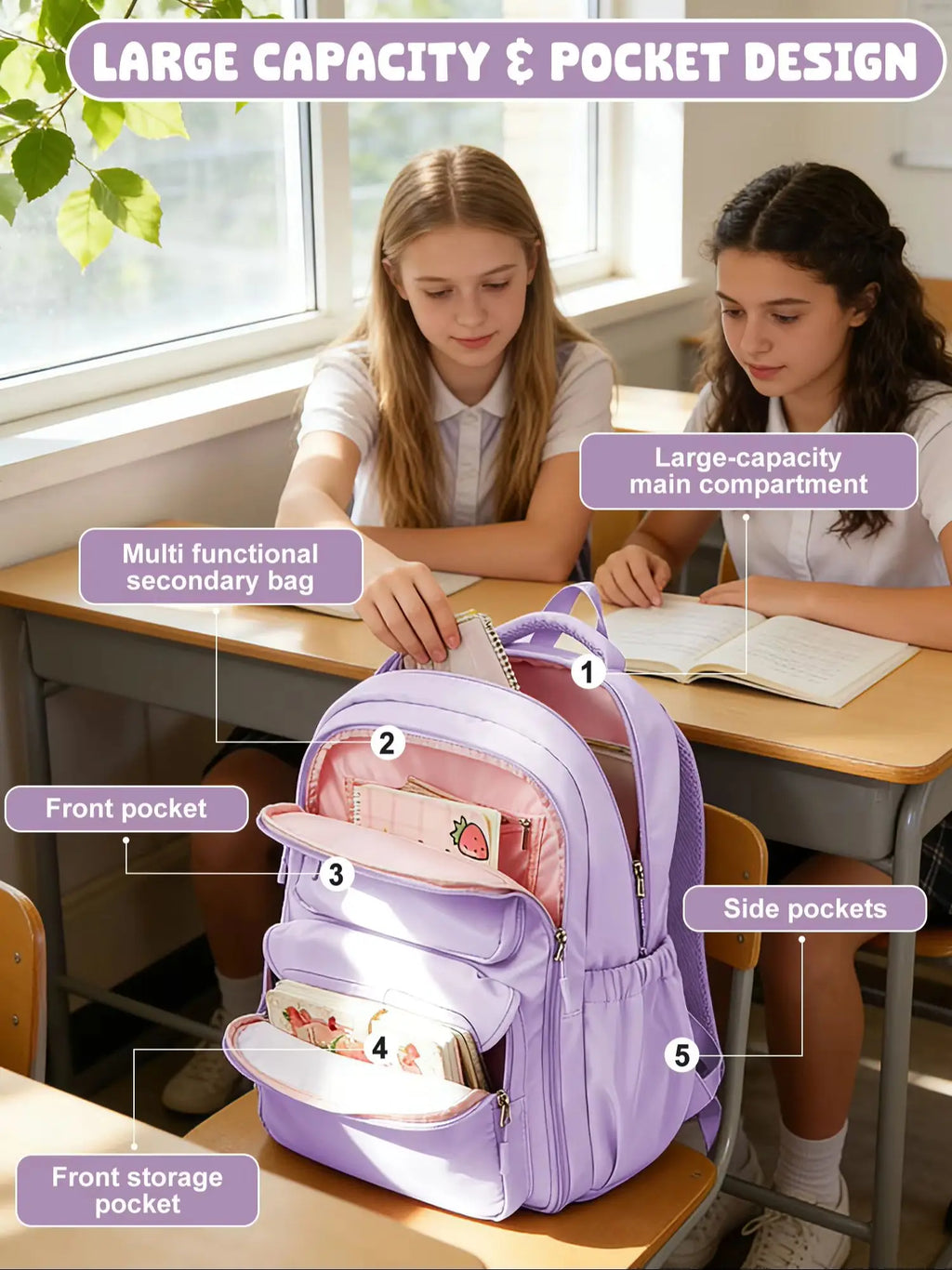 Girls School Bags Kids Backpack with Fridge Door, Elementary School Backpack, Lightweight School Backpack for Girls Ages 8-10