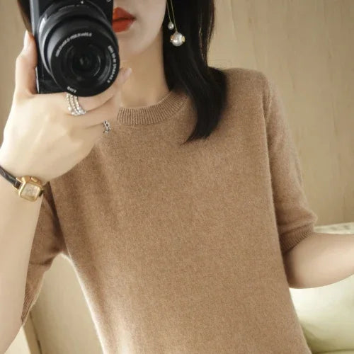 2025 Spring Summer Womens Sweater Short Sleeve O-neck Slim Fit Knitted Pullovers Bottoming Casual Knitwear Camel Pink Clothes