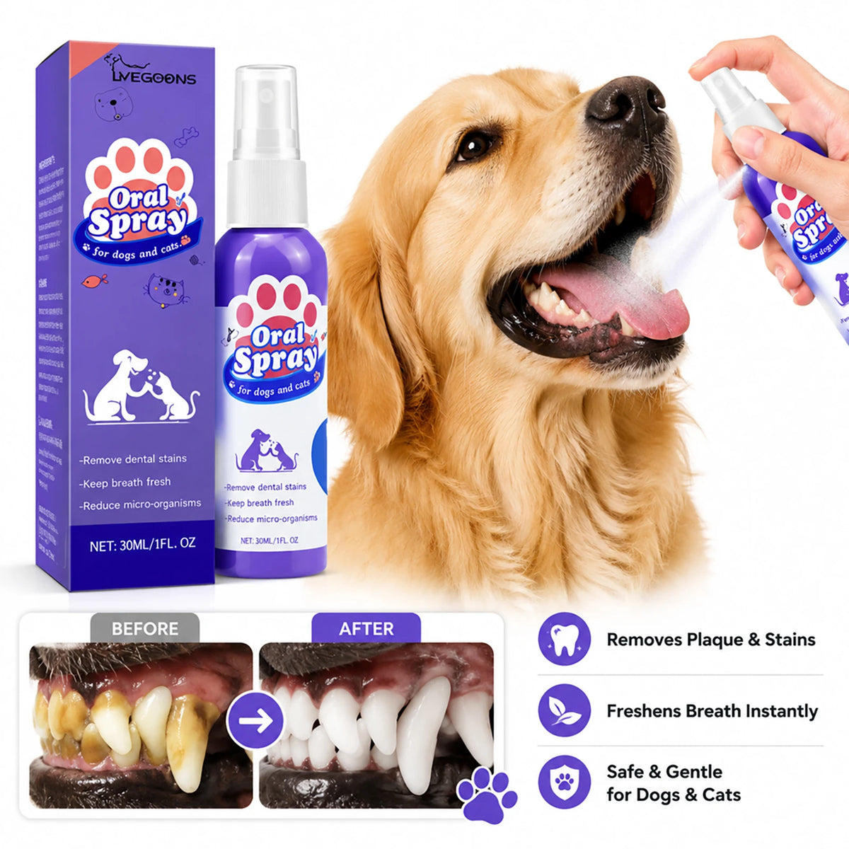Pet Teeth Cleaning Spray Reduces Plaque & Tartar Buildup Keep Dog Cat Fresh Breath Oral Dental Care Hygiene Treatment All Breeds