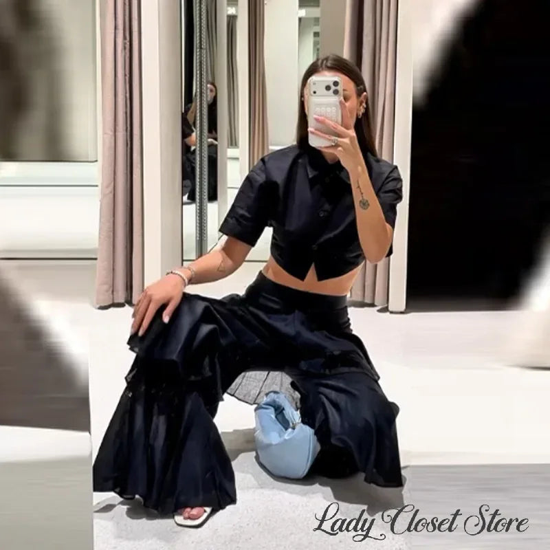 Women Black Tiered Ruffle Pants High Waist Wide Leg Long Trousers 2026 Summer Lady fashion Casual Vacation Streetwear New
