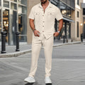 2025 Men's summer Waffle new suit button pocket shirt short sleeve trousers fashion casual breathable two-piece set