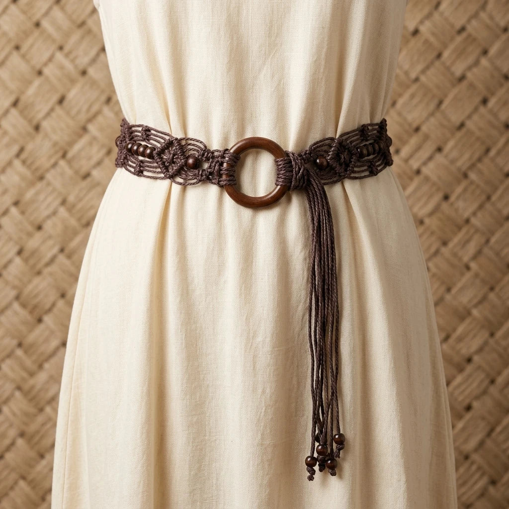 Bohemian Woven Belt for Women with Wooden Buckle Handcrafted Adjustable Long belts Skirt Accessory Stylish Casual Use