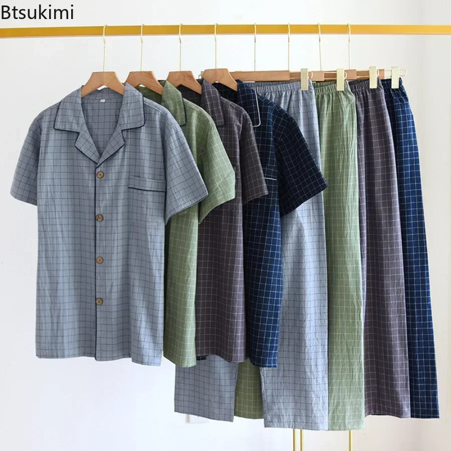 2026 Men's Spring Summer Pajamas Short Sleeved Top and Pants Washed Cotton Simple Plaid Home Service Suit Pantalon Pijama Hombre