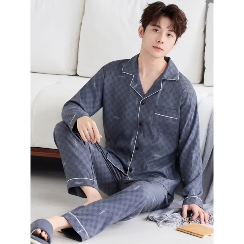 Men's Pajama Set for Spring & Autumn, Simple All-Match Long Sleeve & Long Pants Loungewear, Fashion Handsome Daily Homewear