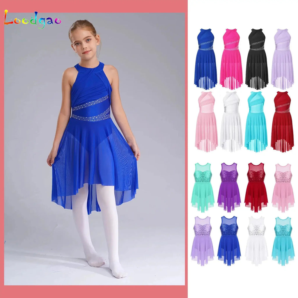 Kids Girls Lyrical Latin Dance Dress Modern Ballet Dancing Leotard Competition Dancewear Sparkling Rhinestone Ruched Dress