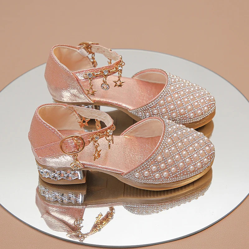Girls High Heeled Shoes for Wedding Party Glitter Rhinestone Pendants Shiny Glitter Fashion Princess Kids Leather Dress Shoes