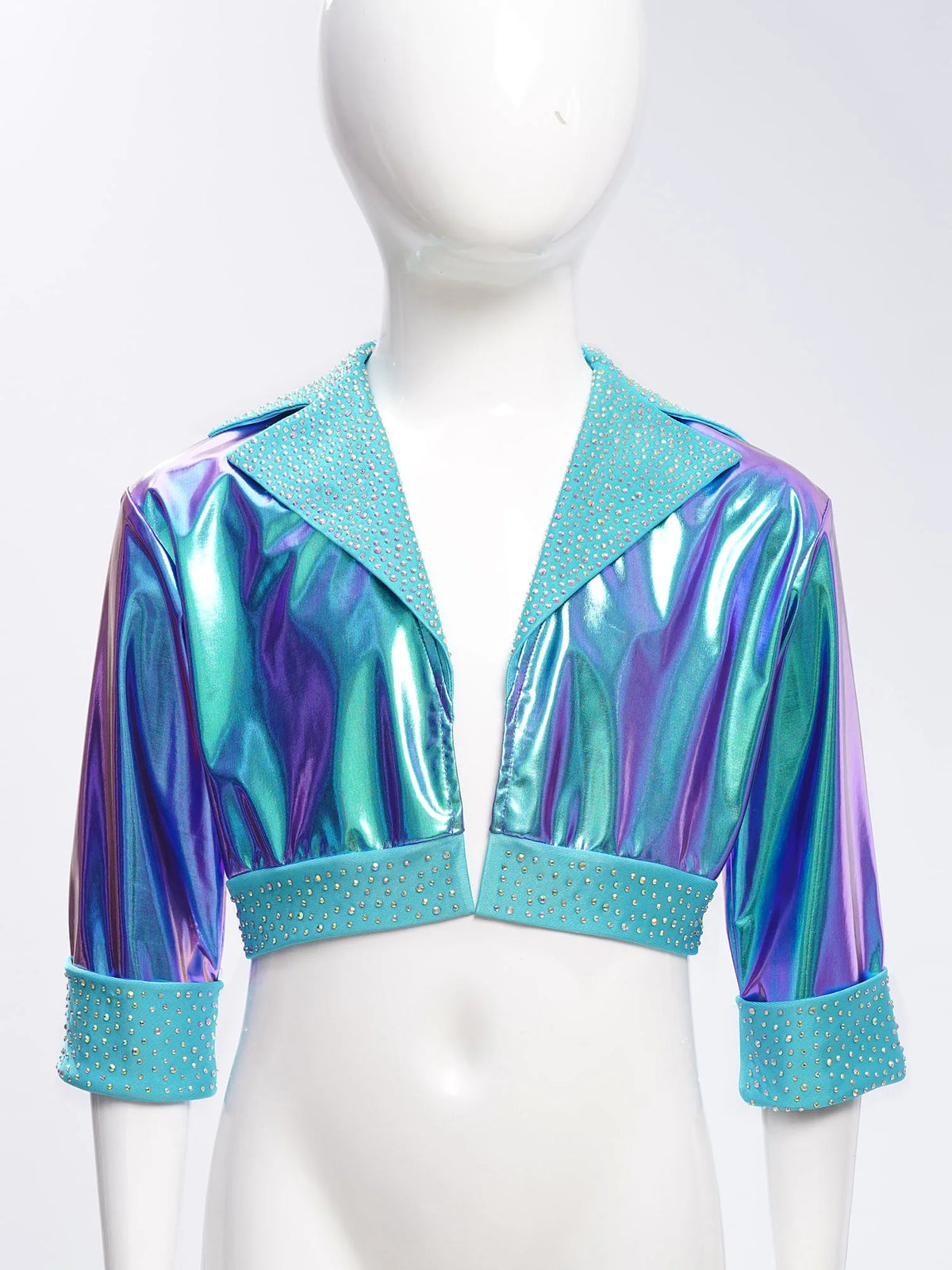 Kids Girls Shiny Rhinestones Metallic Jacket Hip Hop Jazz Dance Top Outerwear Long Sleeve Disco Stage Performance Streetwear