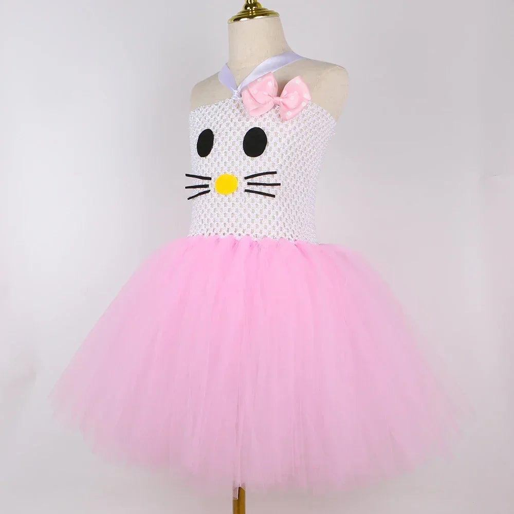 Kitty Costume for Girls Pink Tulle Tutu Dress Birthday Party Princess Dress Toddler Kids Halloween Cartoon Cat Dress Up Clothes