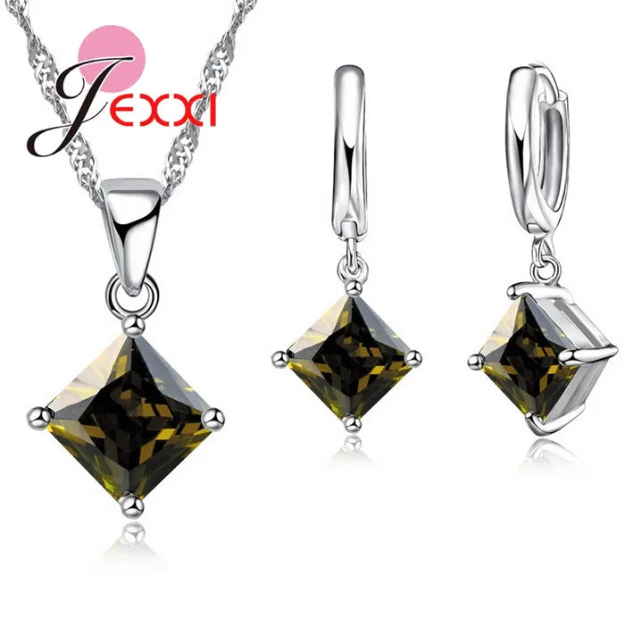Women Accessories Pendant Necklace Earrings  Jewelry Set Girl Square Shinny CZ Crystal  Pendant 925 Sterling Silver