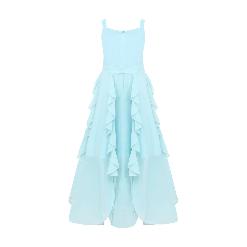 Kids Girls Elegant Chiffon Party Dress Gown Embroidery Applique Ruffled Flowy Sling Dress for Pageant Birthday Wedding Evening