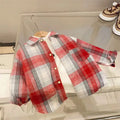 2025 New Autumn Kid's Shirts Boys Vintage Plaid Long Sleeve Shirt Girls Casual Turn Down Collar Blouse Children's Base Tops