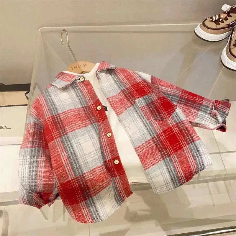 2025 New Autumn Kid's Shirts Boys Vintage Plaid Long Sleeve Shirt Girls Casual Turn Down Collar Blouse Children's Base Tops