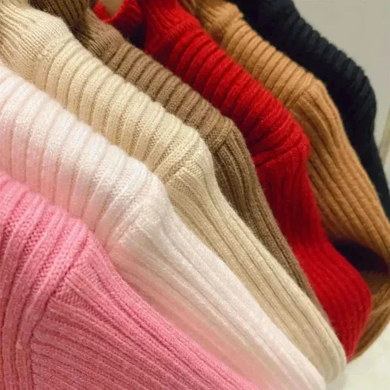 Kids Girls Ruffle Sweaters New Children Thin Knitted Tops Autumn Winter Cotton Pullovers Pink Turtleneck Tops Korean Style Warm