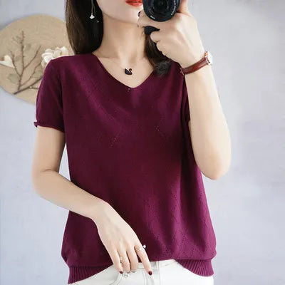 Summer new women's T-shirt 100% cotton casual pure color knitted sweater short-sleeved V-neck women's top loose fashion T-shirt