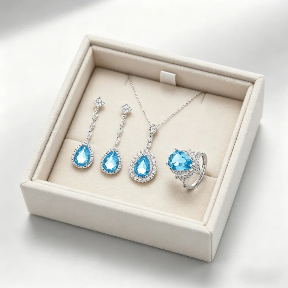 Women's Luxury Blue Water Drop Jewelry Set 925 Silver Cubic Zirconia Necklace Earrings Ring Bridal Wedding Party Jewelry Set