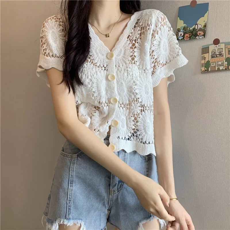 Women's ort Sve Open Cardigan Knitted Sweater Hollow out Thin Summer Korean Sle Versatile ort Cover up Base Top