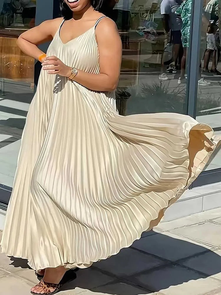 Summer Women Sleeveless Thin Strap Dress V Neck Elegant and Chic Pleated Dress Around Hem Loose Long Soft Dresses Plus Size