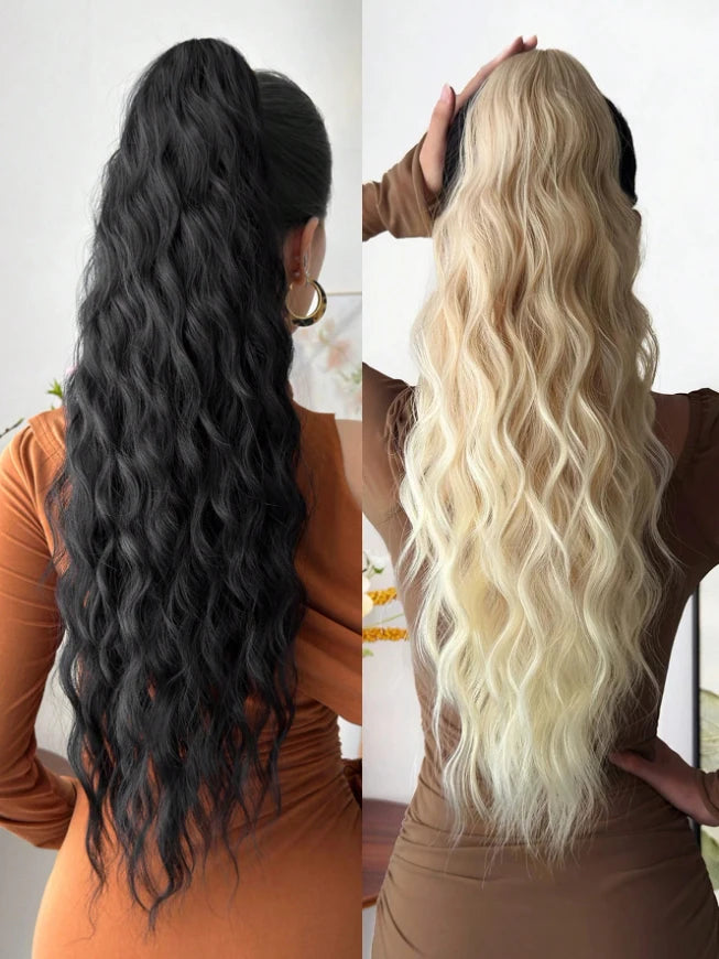 The black, flax, 26-28 inches long wavy, heat-resistant fiber synthetic wig is suitable for women and girls' daily use at gather