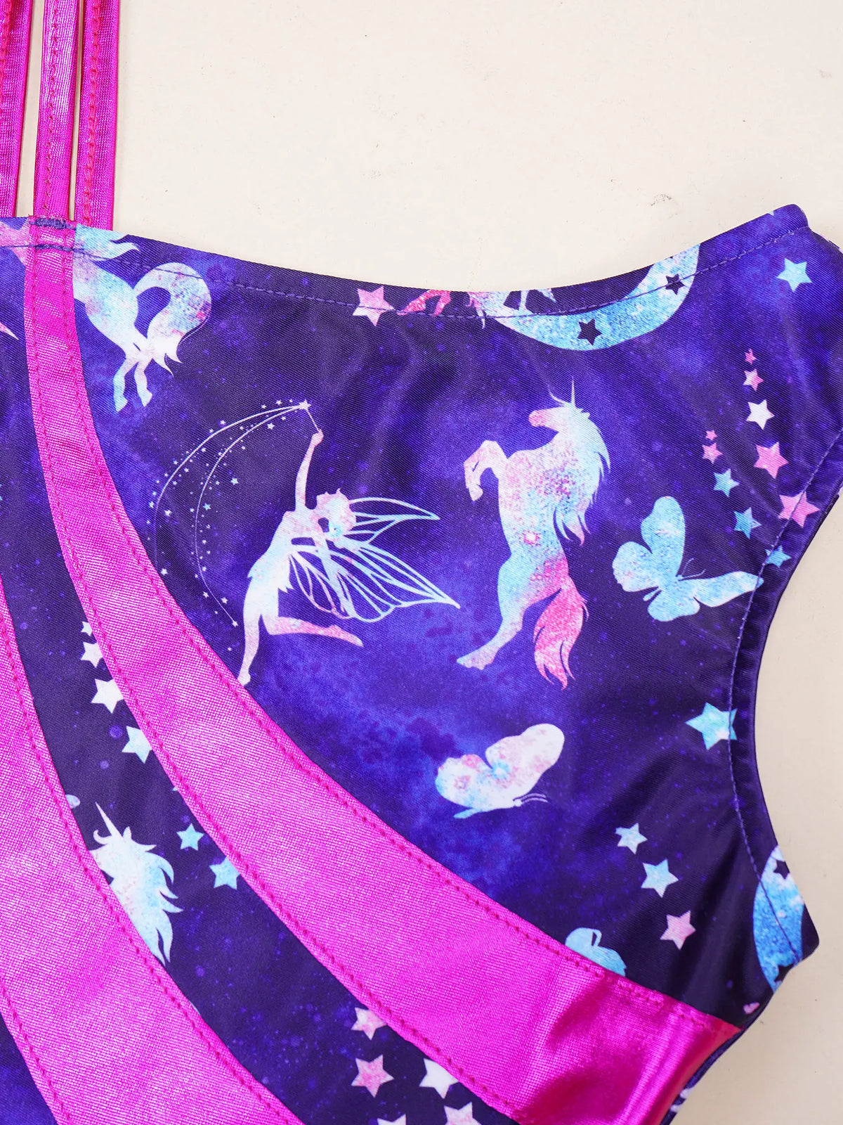 Kids Girls Gymnastics Swimsuit for Dancing Ballet Dancewear Metallic Shiny Leotard Print Asymmetrical Shoulder Strap Bodysuit