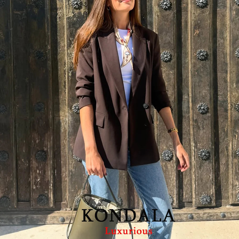 KONDALA Vintage Office Lady Chic Blazer Women V Neck Long Sleeve Pockets Loose Jacket Fashion 2026 Spring Summer Elegant Outwear