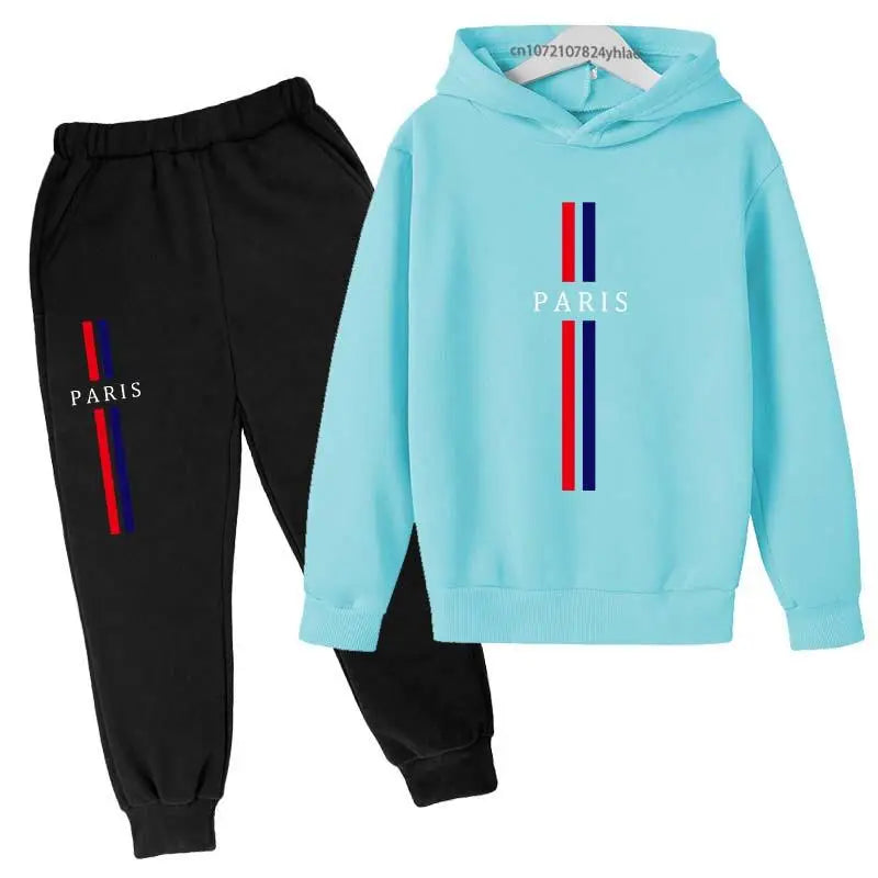 Kids Autumn Spring Casual Paris Print 2pcs Hoodie+Pants Tracksuits 2-13Years Boys Girls Fashion Streetwear Children Clothes Sets