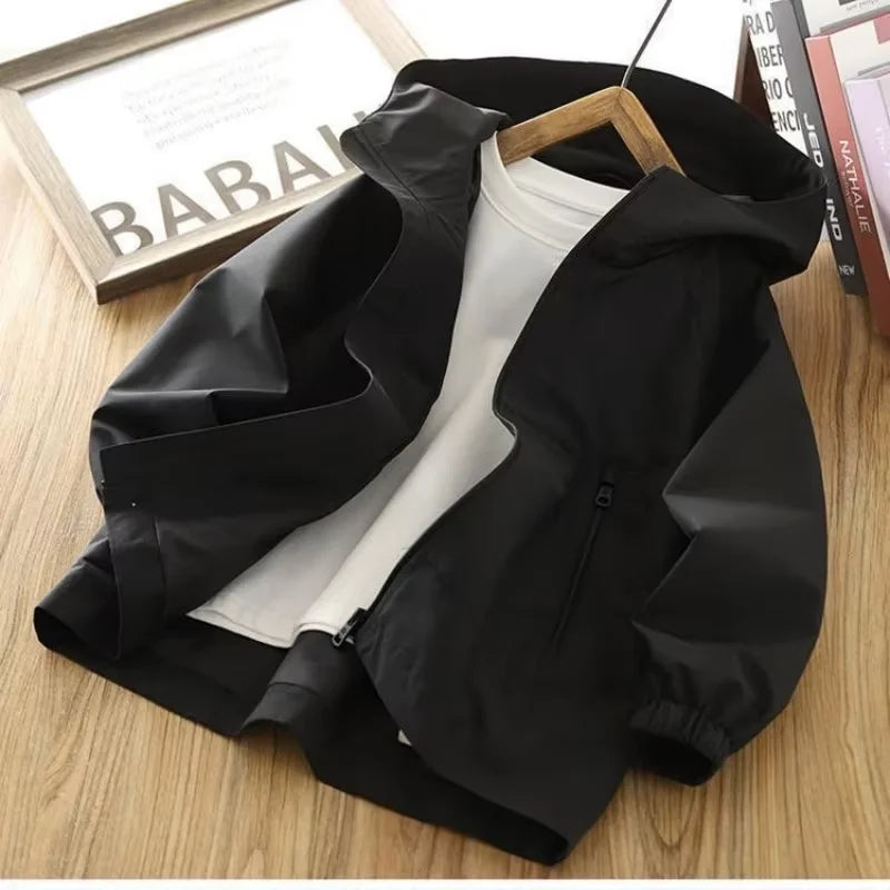 Boys Hooded Jacket Spring Autumn 2026 New Teenage Kids Thin Casual Loose Solid Zip Up Coat Children Outerwear 120-170CM