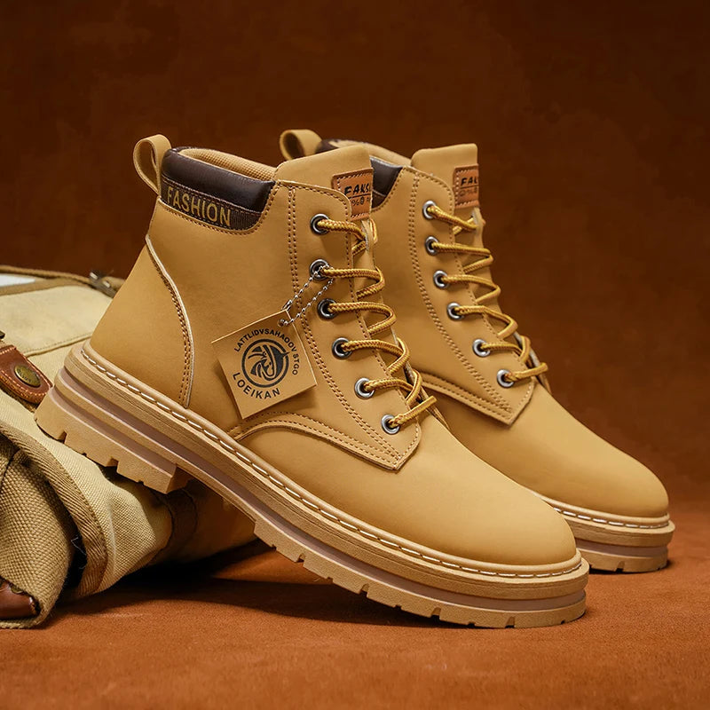 Men's Fashionable High-Top Yellow Boots Casual Shoes Outdoor Off-Road Hiking Boots Trendy Comfortable Footwear