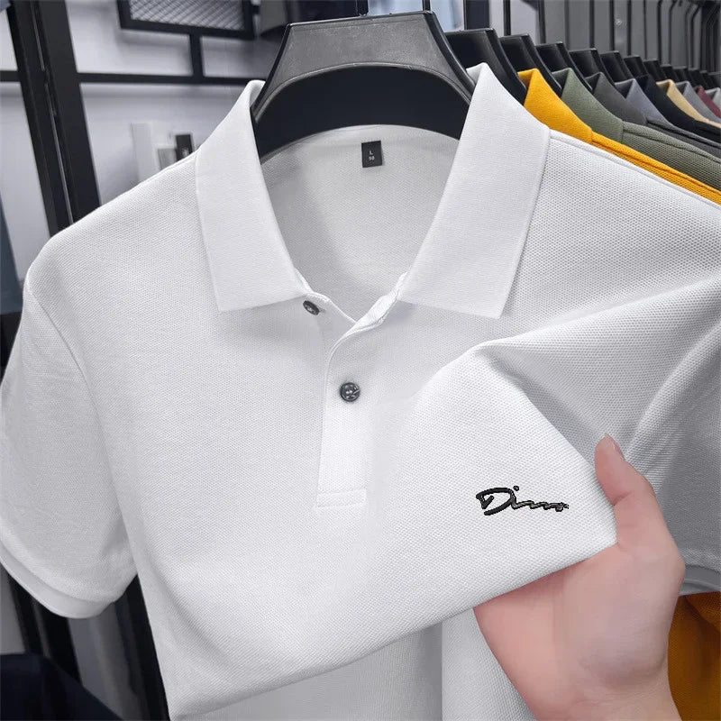 Men's Summer High-End Printed Golf Polo Shirt with Collar, Solid Color, Breathable, Office Casual, High-Quality Men's Clothing