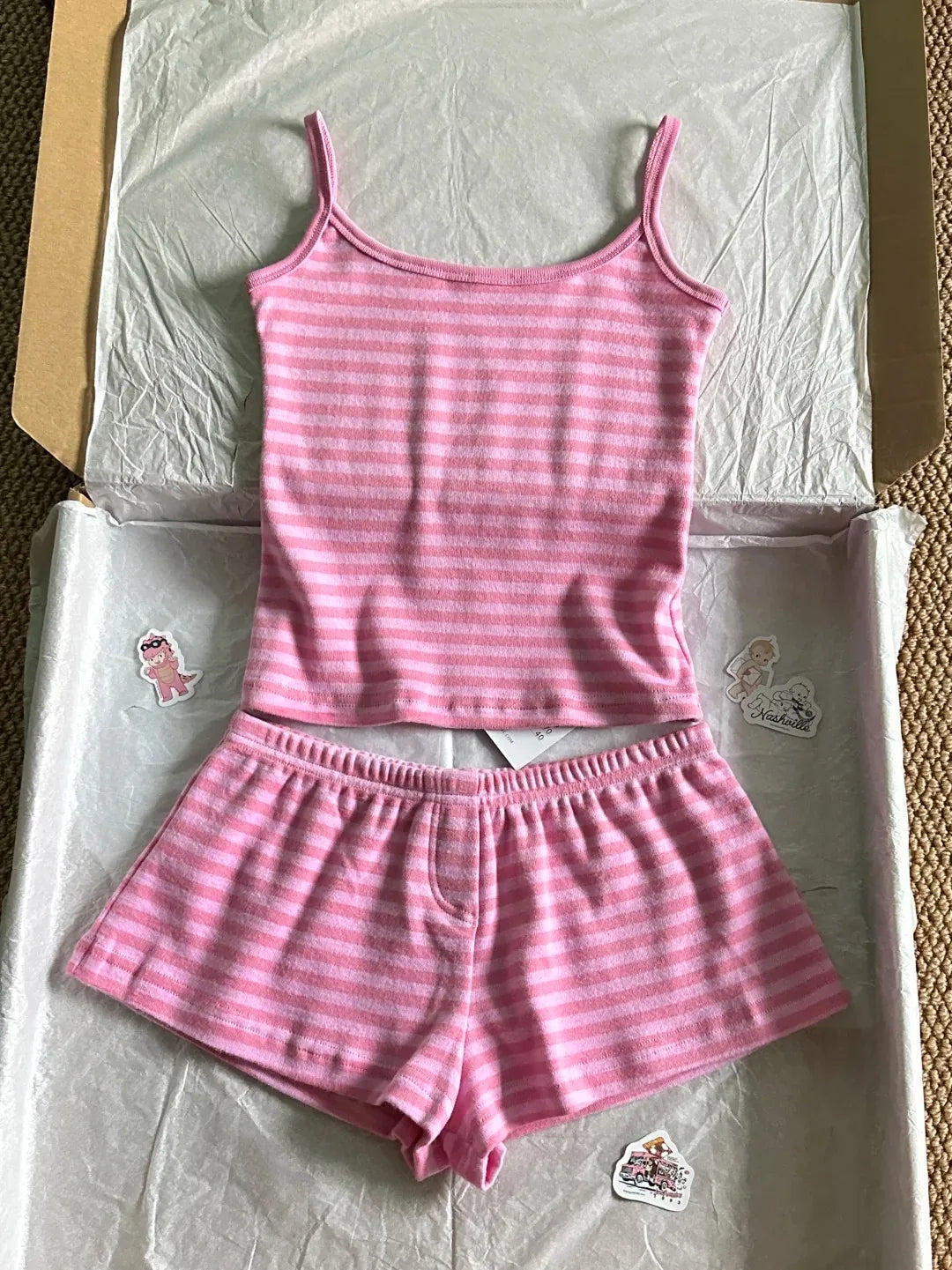 Pink Striped Collection Tshirt Women Simple Casual Cotton Buttons T-shirts Sweet Cute Preppy Style Camisole+Slim Short Pants Y2K